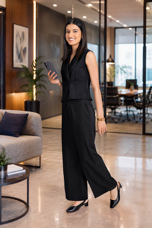 Smiling female business professional walking with smartphone in modern office