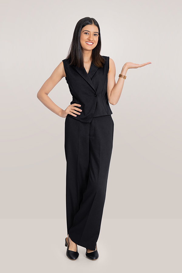 Indian businesswoman presenting with open palm gesture for business message