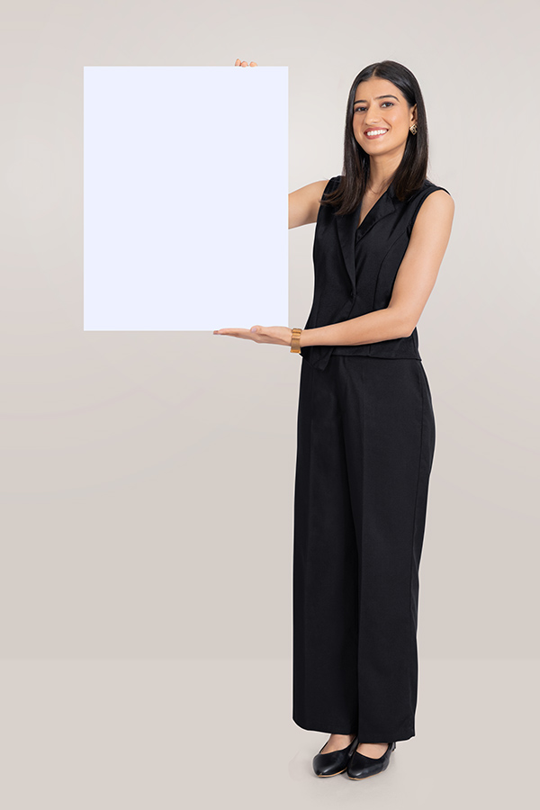 Indian businesswoman presenting blank board for advertising and copyspace