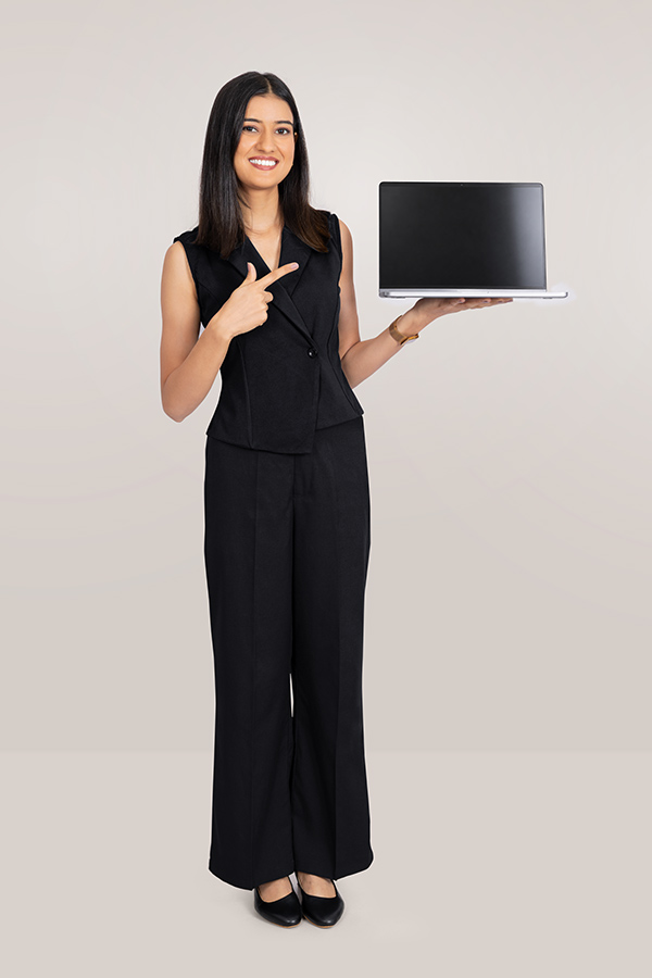 Indian businesswoman presenting laptop for technology and business concept