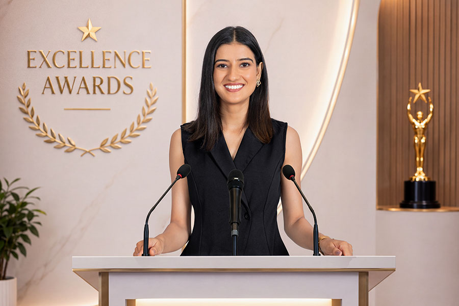 Smiling female executive speaking at podium during corporate excellence awards