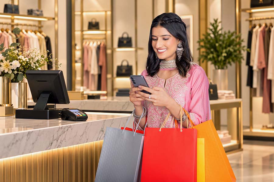 Indian woman shopping online with smartphone in a fashion store